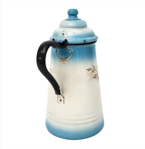 Antique Enameled Coffee Pot Blue & White Blend Flowers Riveted Handle by Stewart
