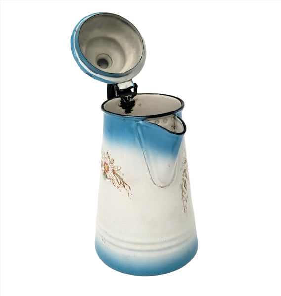 Antique Enameled Coffee Pot Blue & White Blend Flowers Riveted Handle by Stewart