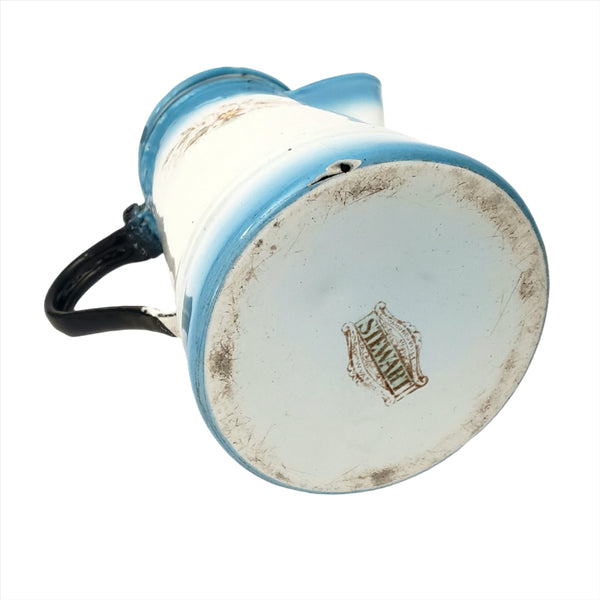 Antique Enameled Coffee Pot Blue & White Blend Flowers Riveted Handle by Stewart