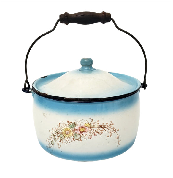 Antique Decorated Enamel Ware Bucket - Kettle Blue & White With Flowers by Stewart