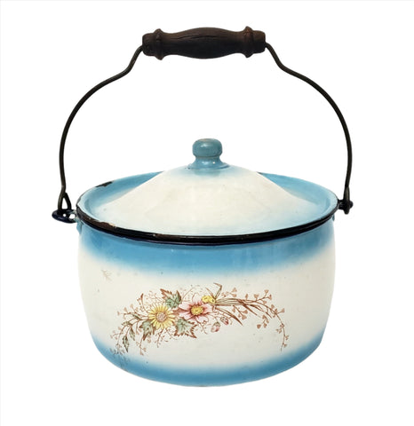 Antique Decorated Enamel Ware Bucket - Kettle Blue & White With Flowers by Stewart