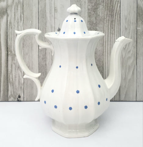Antique White Granite Ironstone Coffee Pot with Blue Flower Heads 11"