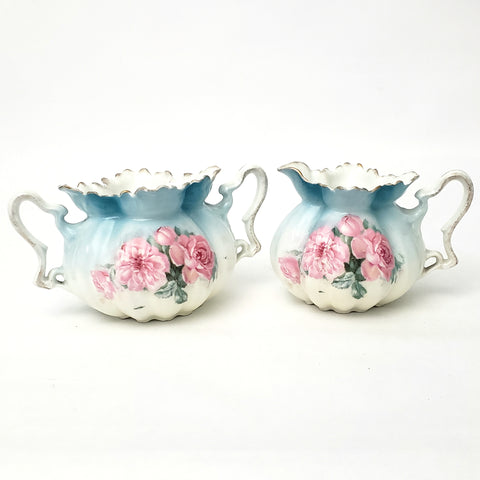 RS Prussia Creamer and Sugar Bowl No Lid Pink Roses and Blue Red Mark