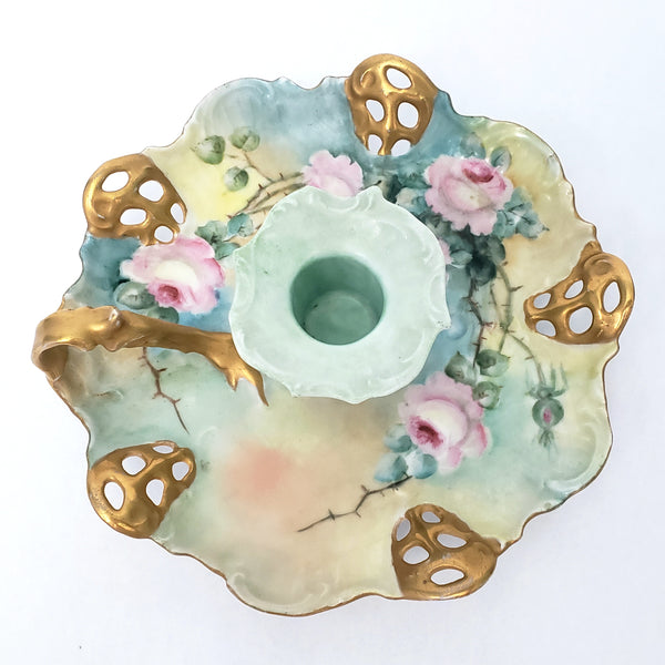 Antique Hand Painted Porcelain Candle Holder RC Moliere Bavaria Germany Artist Signed