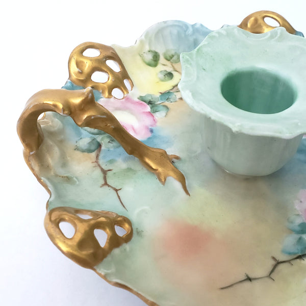 Antique Hand Painted Porcelain Candle Holder RC Moliere Bavaria Germany Artist Signed