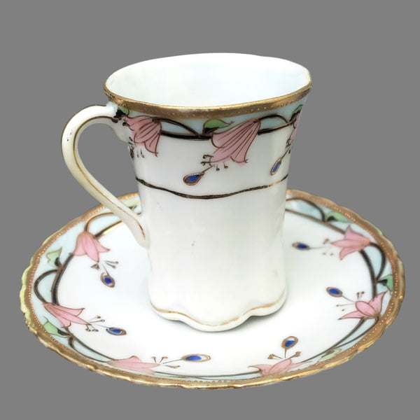 Antique Hand-Painted Nippon Chocolate Pot Set Serving for 4 Pink Floral Gold Gilt Trim
