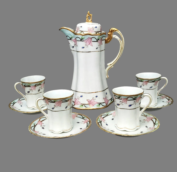 Antique Nippon Chocolate Pot Set Serving for 4 Pink Floral Gold Gilt Trim