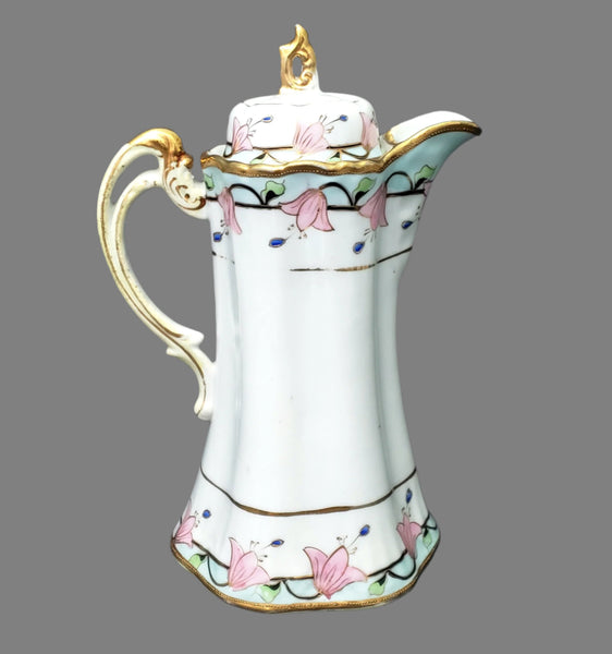 Antique Hand-Painted Nippon Chocolate Pot Set Serving for 4 Pink Floral Gold Gilt Trim