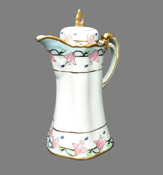 Antique Hand-Painted Nippon Chocolate Pot Set Serving for 4 Pink Floral Gold Gilt Trim