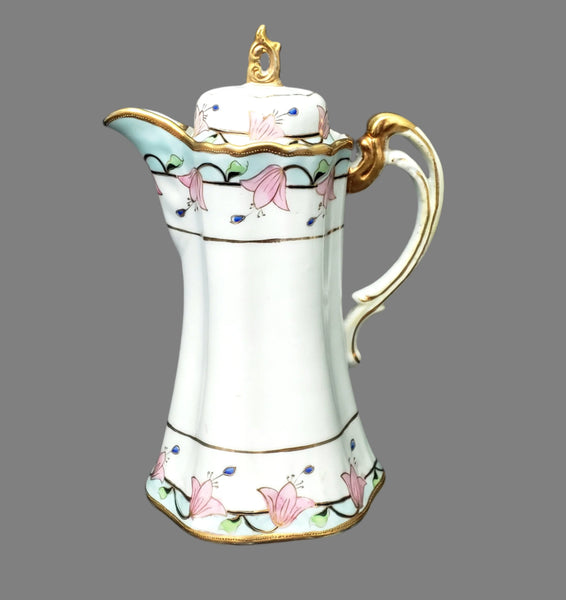 Antique Hand-Painted Nippon Chocolate Pot Set Serving for 4 Pink Floral Gold Gilt Trim