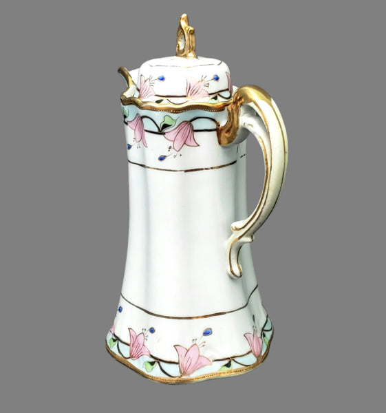 Antique Hand-Painted Nippon Chocolate Pot Set Serving for 4 Pink Floral Gold Gilt Trim
