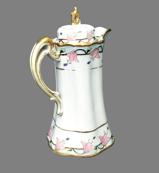 Antique Hand-Painted Nippon Chocolate Pot Set Serving for 4 Pink Floral Gold Gilt Trim