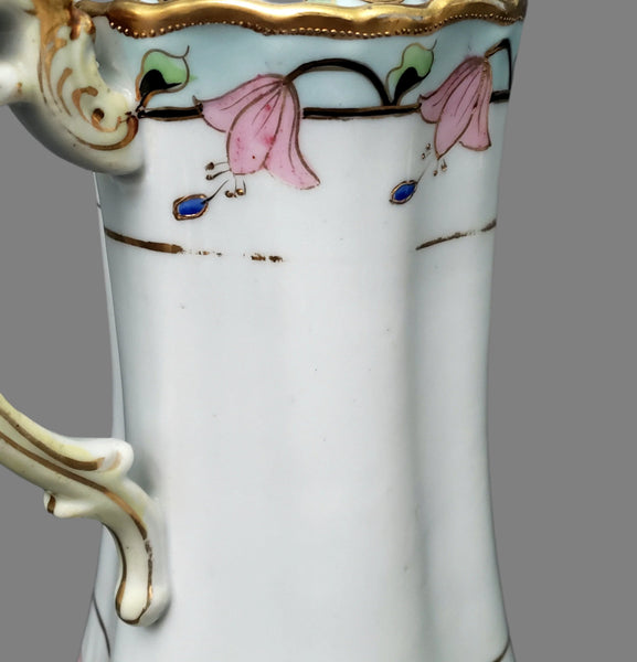 Antique Hand-Painted Nippon Chocolate Pot Set Serving for 4 Pink Floral Gold Gilt Trim