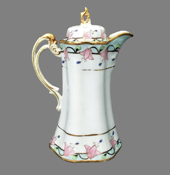 Antique Hand-Painted Nippon Chocolate Pot Set Serving for 4 Pink Floral Gold Gilt Trim