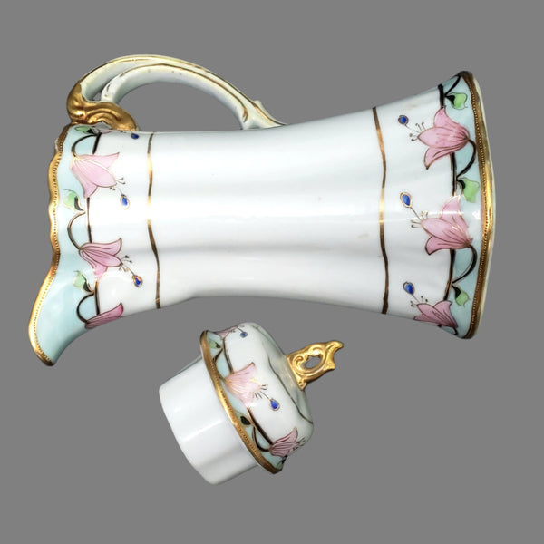 Antique Hand-Painted Nippon Chocolate Pot Set Serving for 4 Pink Floral Gold Gilt Trim