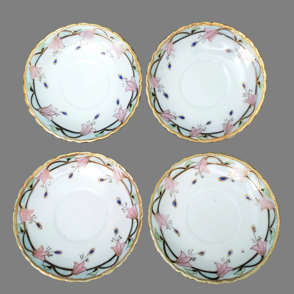 Antique Hand-Painted Nippon Chocolate Pot Set Serving for 4 Pink Floral Gold Gilt Trim