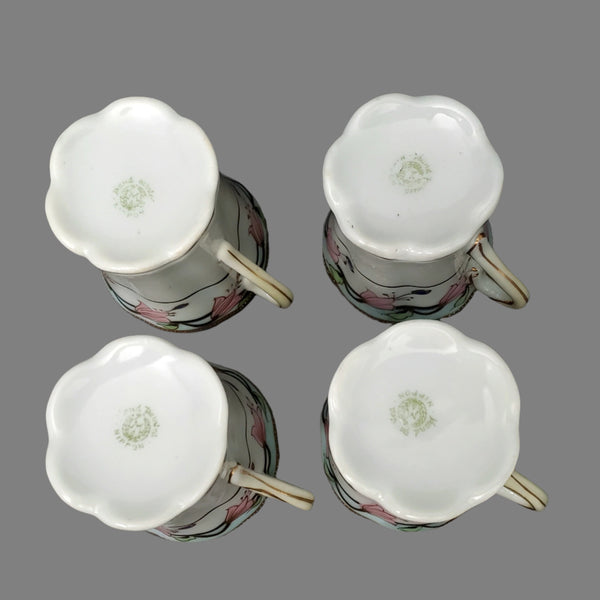 Antique Hand-Painted Nippon Chocolate Pot Set Serving for 4 Pink Floral Gold Gilt Trim