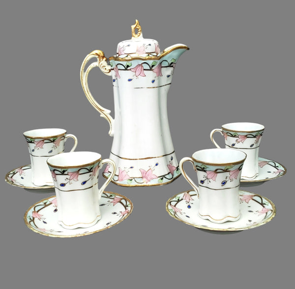 Antique Hand-Painted Nippon Chocolate Pot Set Serving for 4 Pink Floral Gold Gilt Trim