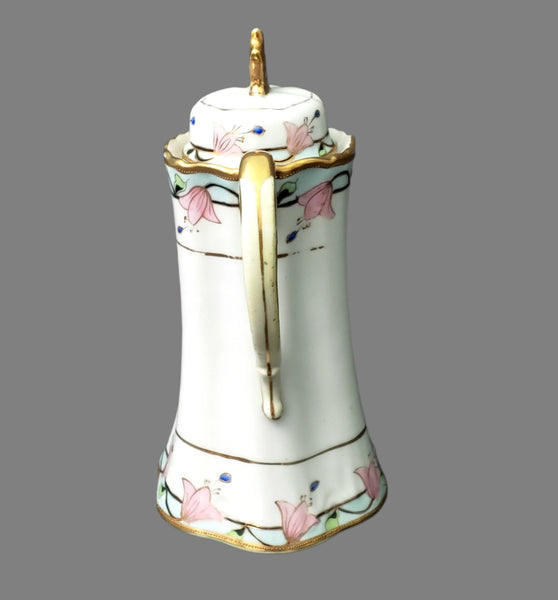 Antique Hand-Painted Nippon Chocolate Pot Set Serving for 4 Pink Floral Gold Gilt Trim