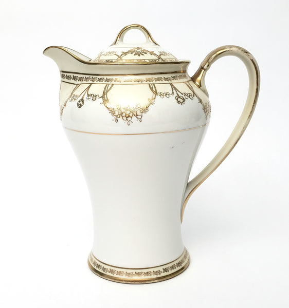 Antique Nippon Chocolate Pot Set Serving for 5 Gold Floral Swag on White