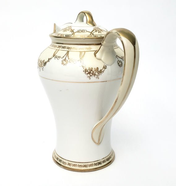 Antique Nippon Chocolate Pot Set Serving for 5 Gold Floral Swag on White