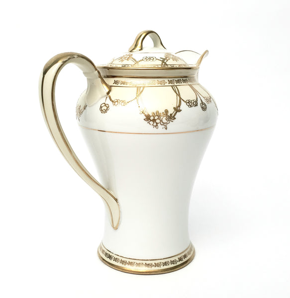 Antique Nippon Chocolate Pot Set Serving for 5 Gold Floral Swag on White