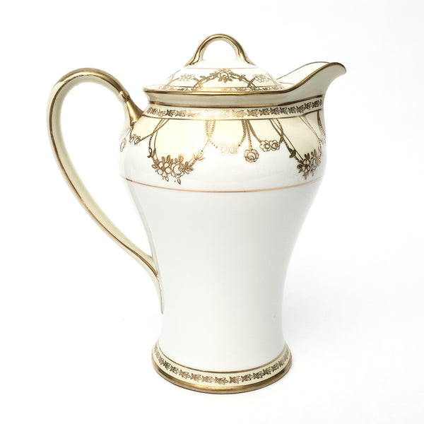 Antique Nippon Chocolate Pot Set Serving for 5 Gold Floral Swag on White
