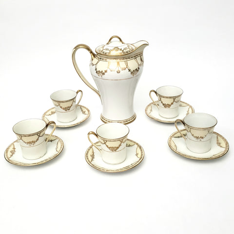 Antique Nippon Chocolate Pot Set Serving for 6 Gold Floral Swag on White