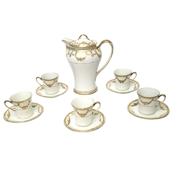 Antique Nippon Chocolate Pot Set Serving for 5 Gold Floral Swag on White
