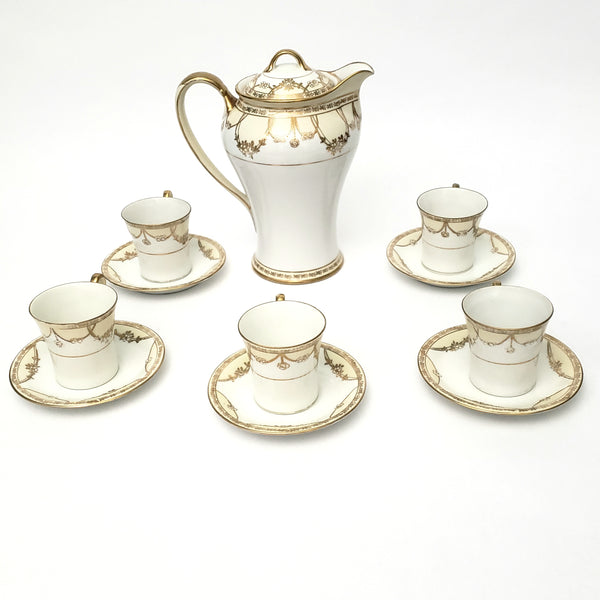 Antique Nippon Chocolate Pot Set Serving for 5 Gold Floral Swag on White