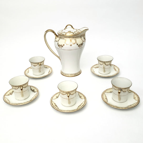 Antique Nippon Chocolate Pot Set Serving for 5 Gold Floral Swag on White