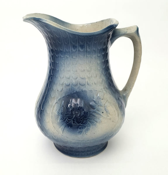 Antique Salt Glazed Blue & White Stoneware Pitcher Floral 2 Quart 9 3/4"