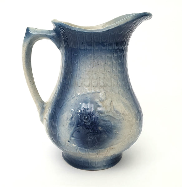 Antique Salt Glazed Blue & White Stoneware Pitcher Floral 2 Quart 9 3/4"