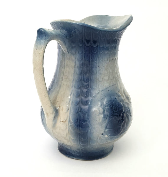Antique Salt Glazed Blue & White Stoneware Pitcher Floral 2 Quart 9 3/4"