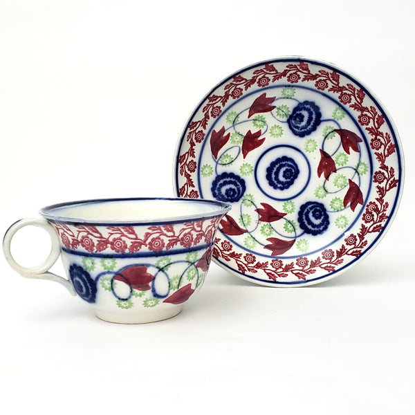 Antique Stick Spatter Mush Cup and Bowl Bulls-Eye Blue Red Green