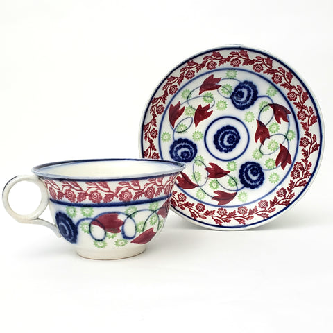 Antique Stick Spatter Mush Cup and Bowl Bulls-Eye Blue Red Green
