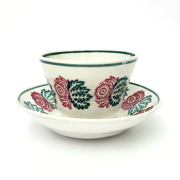 Antique Stick Spatter Handless Cup and Saucer Red & Green