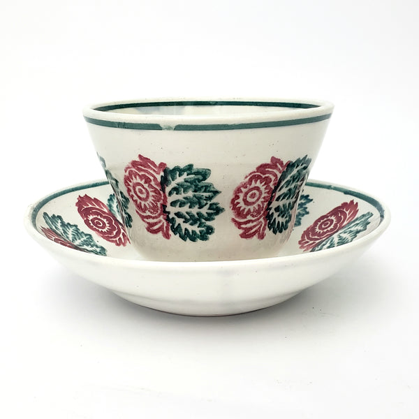 Antique Stick Spatter Handless Cup and Saucer Red & Green