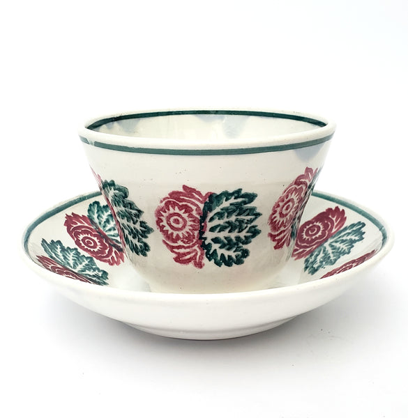Antique Stick Spatter Handless Cup and Saucer Red & Green