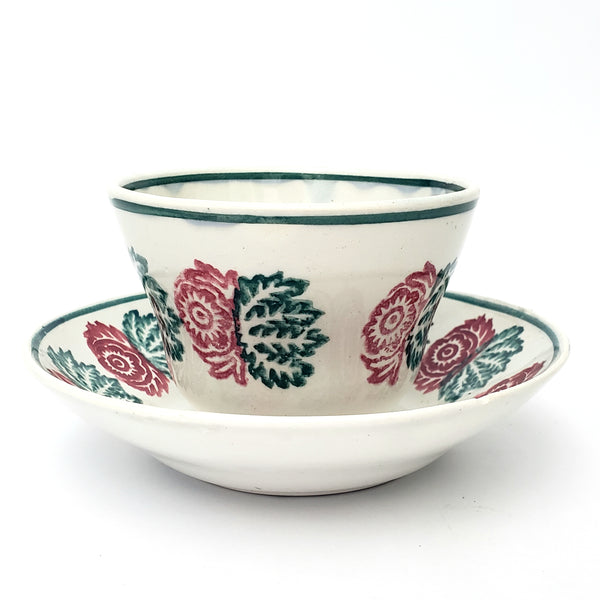 Antique Stick Spatter Handless Cup and Saucer Red & Green