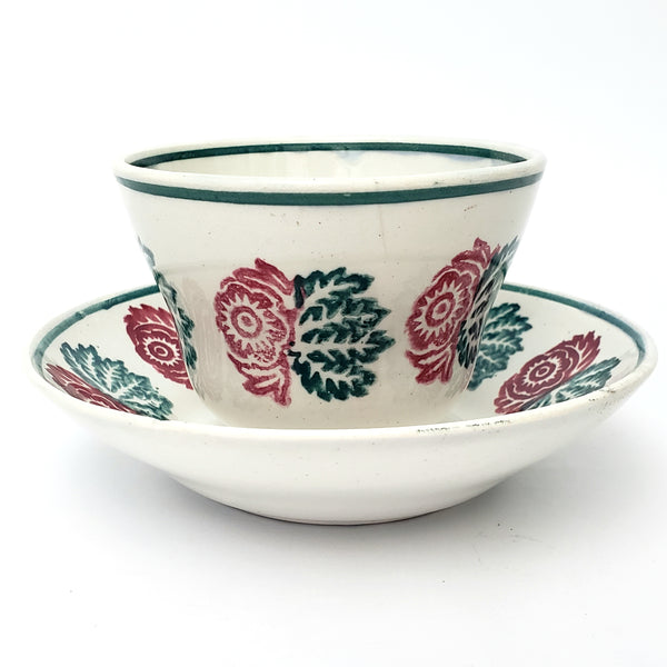 Antique Stick Spatter Handless Cup and Saucer Red & Green