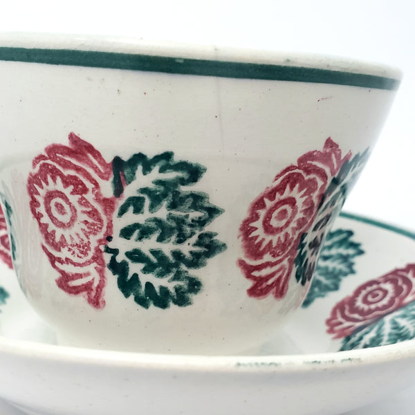 Antique Stick Spatter Handless Cup and Saucer Red & Green