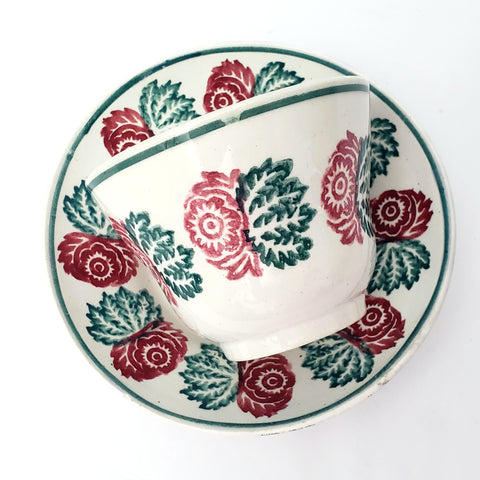 Antique Stick Spatter Handless Cup and Saucer Red & Green