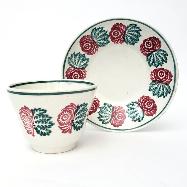 Antique Stick Spatter Handless Cup and Saucer Red & Green