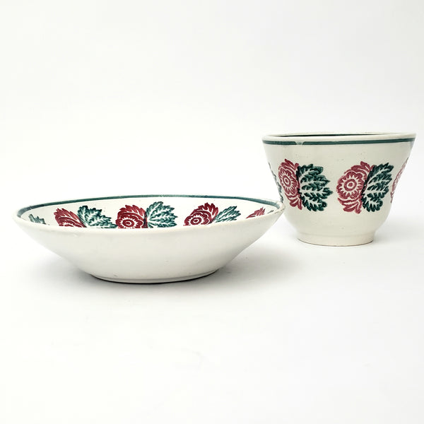 Antique Stick Spatter Handless Cup and Saucer Red & Green