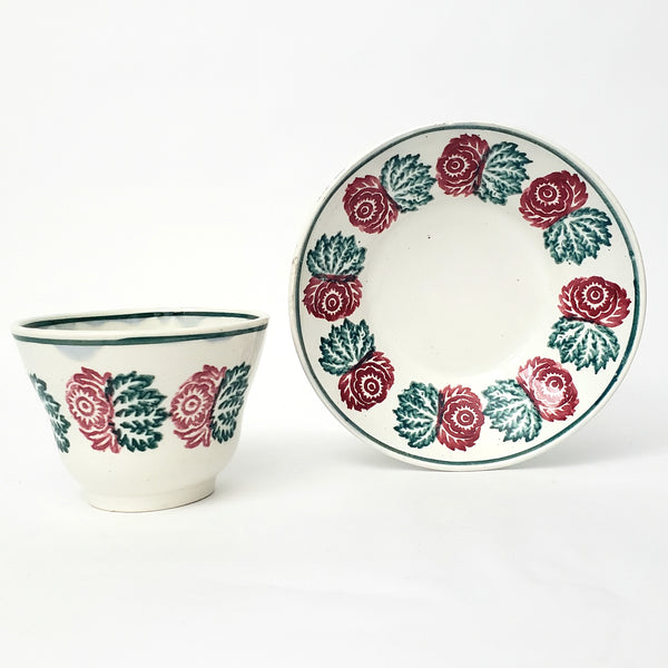 Antique Stick Spatter Handless Cup and Saucer Red & Green