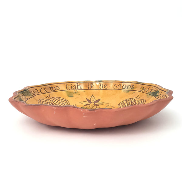 Folk Art Oval Sgraffito Decorated Redware Pottery Bowl by Breininger Birds & Tulips 1990