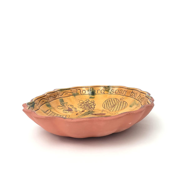 Folk Art Oval Sgraffito Decorated Redware Pottery Bowl by Breininger Birds & Tulips 1990