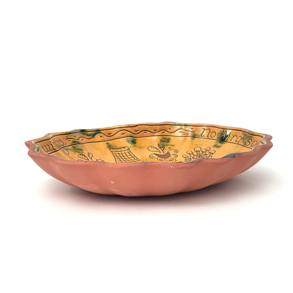 Folk Art Oval Sgraffito Decorated Redware Pottery Bowl by Breininger Birds & Tulips 1990