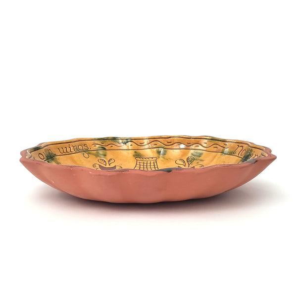 Folk Art Oval Sgraffito Decorated Redware Pottery Bowl by Breininger Birds & Tulips 1990